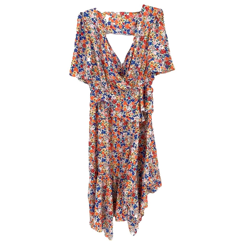 Topshop Deep V-Neck Flutter Sleeve Maxi Dress Size 10 Ruffle Floral Assymetrical